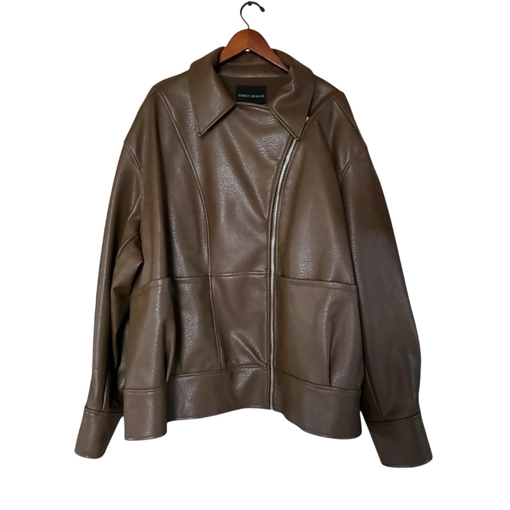 Ashley Graham Faux Leather Jacket Women Brown Asymmetrical Zip Moto Coat